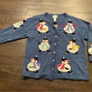 Vintage 90s Quacker Factory Cardigan Snowman Jingle Bell Size 1X Button Sweater